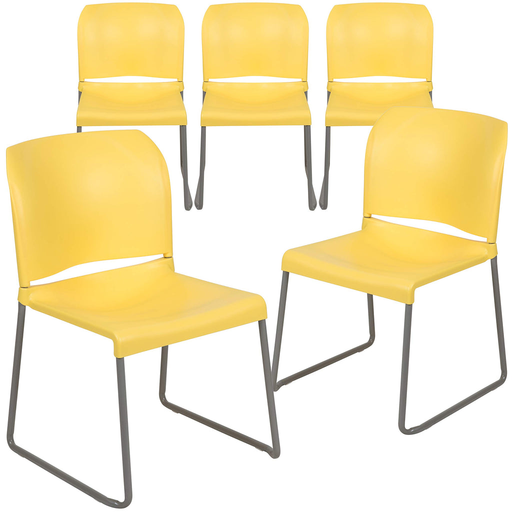 HERCULES Series 5 Pack 880 lb. Capacity Yellow Full Back Contoured Stack Chair with Gray Powder Coated Sled Base