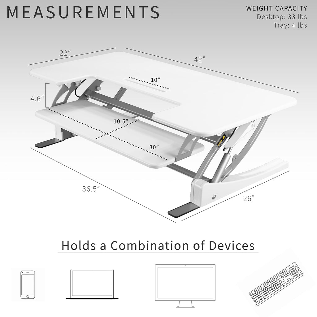 42 inch Height Adjustable Stand Up Desk Converter, V Series, Quick Sit to Stand Tabletop Dual Monitor Riser Workstation, White