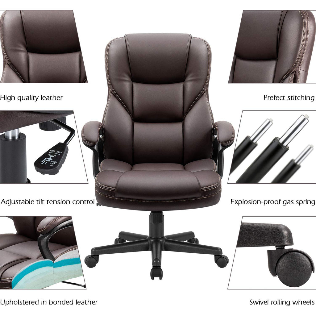 Office Executive Chair High Back Adjustable Managerial Home Desk Chair, Swivel Computer PU Leather Chair with Lumbar Support (Brown)