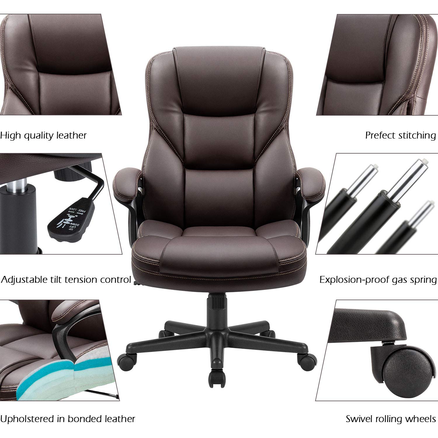 Office Executive Chair High Back Adjustable Managerial Home Desk Chair, Swivel Computer PU Leather Chair with Lumbar Support (Brown)