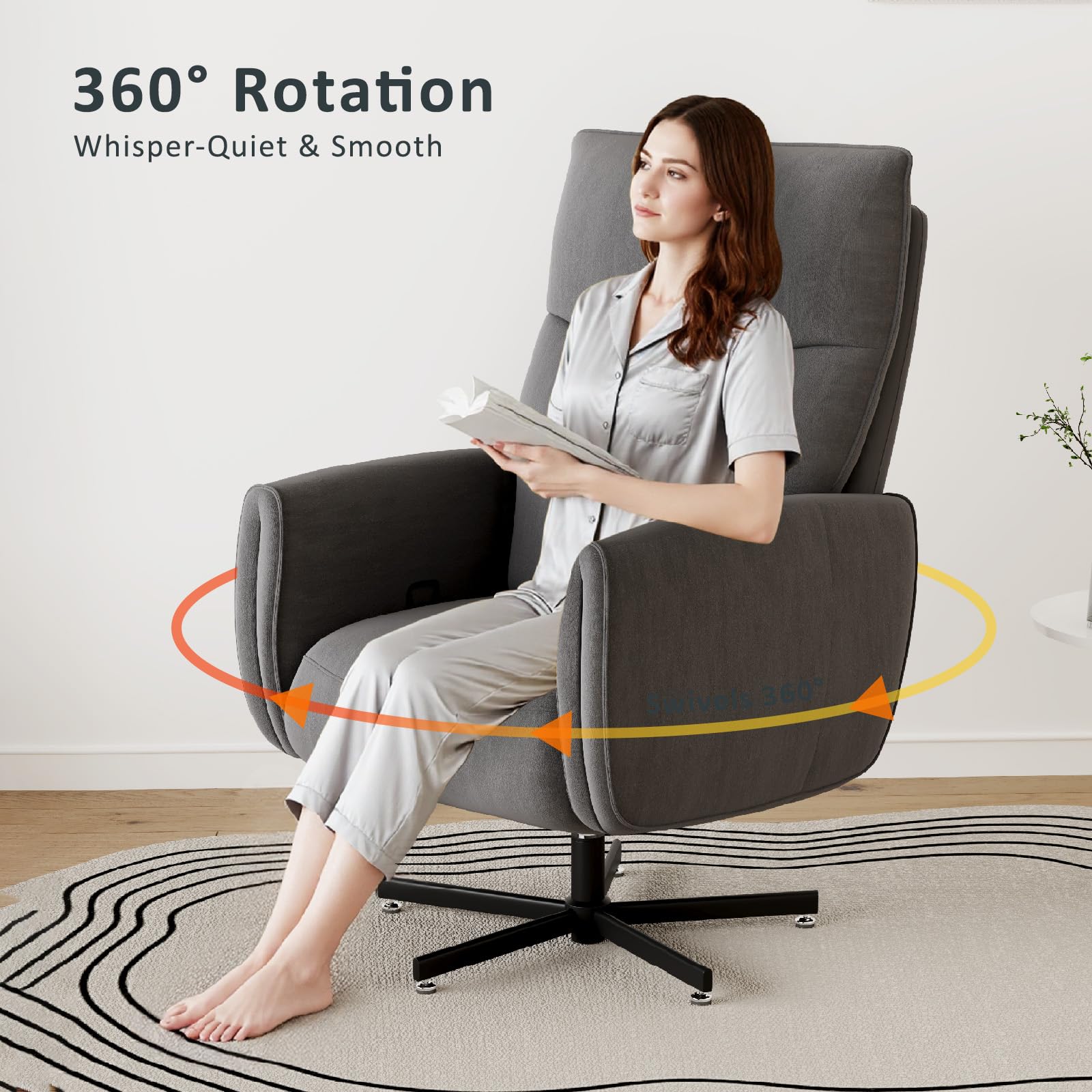 Power Swivel Recliner Chair, Modern Electric with USB & Type-C Ports, Upholstered Velvet Swivel Recliner Chair, 360° Swivel for Office & Living Room, Easy Assembly (Dark Gray)