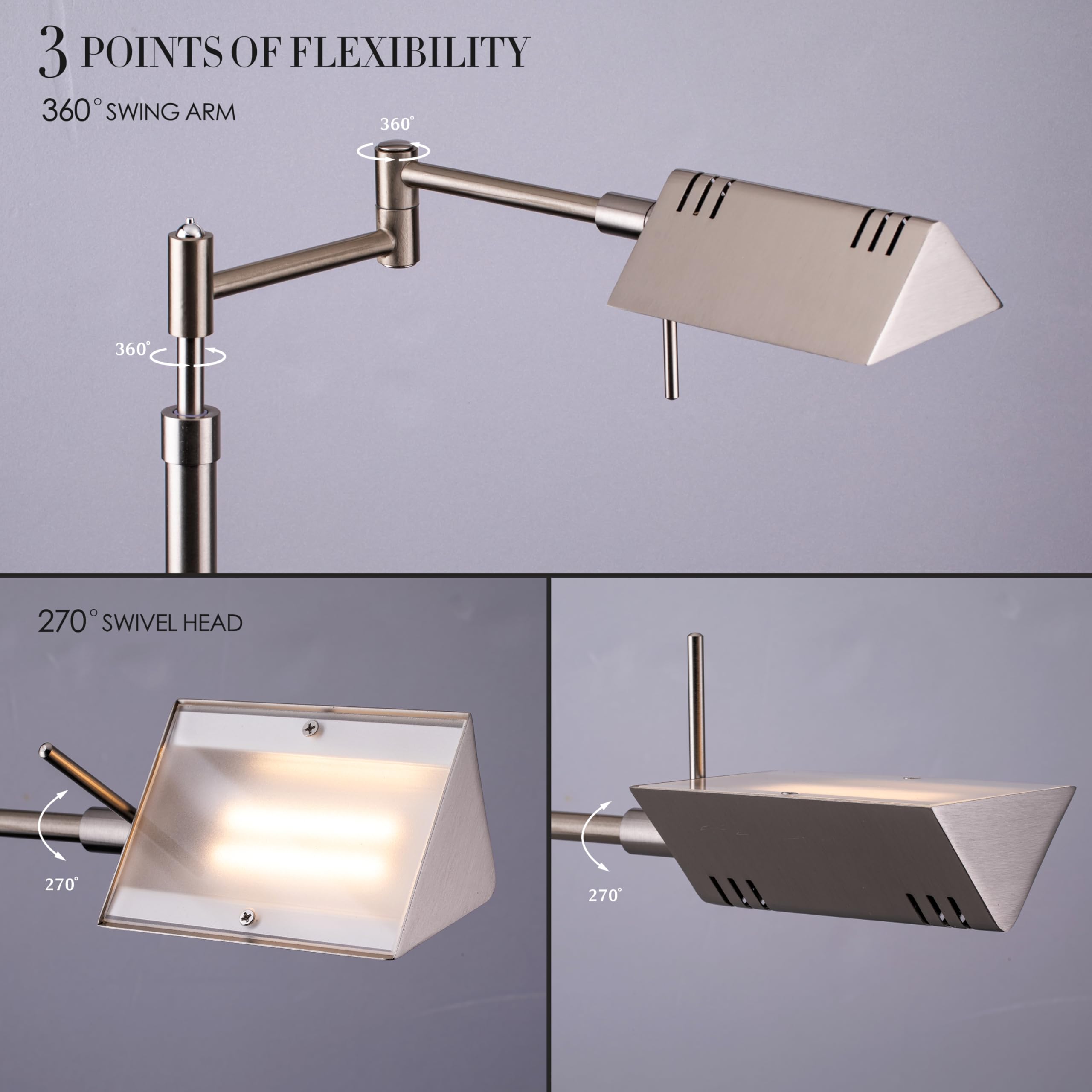 Dimmable LED Pharmacy Floor Lamp, 12W LED, Full Range Dimming, 360 Degree Swing Arms, Adjustable Heights, Standing Lamp for Reading, Sewing, and Craft, ETL Listed, Brushed Nickel
