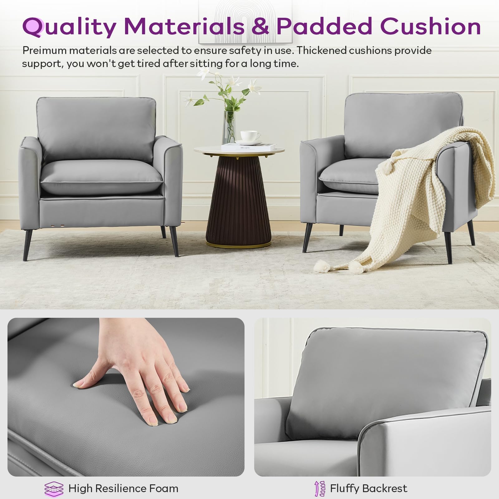 Accent Chair, Faux Leather Chairs, Mid Century Modern Comfy Living Room Chairs, Cozy Office Reading Chair, Reception Armchairs for Office, Bedroom, Waiting Room (Grey) (1)