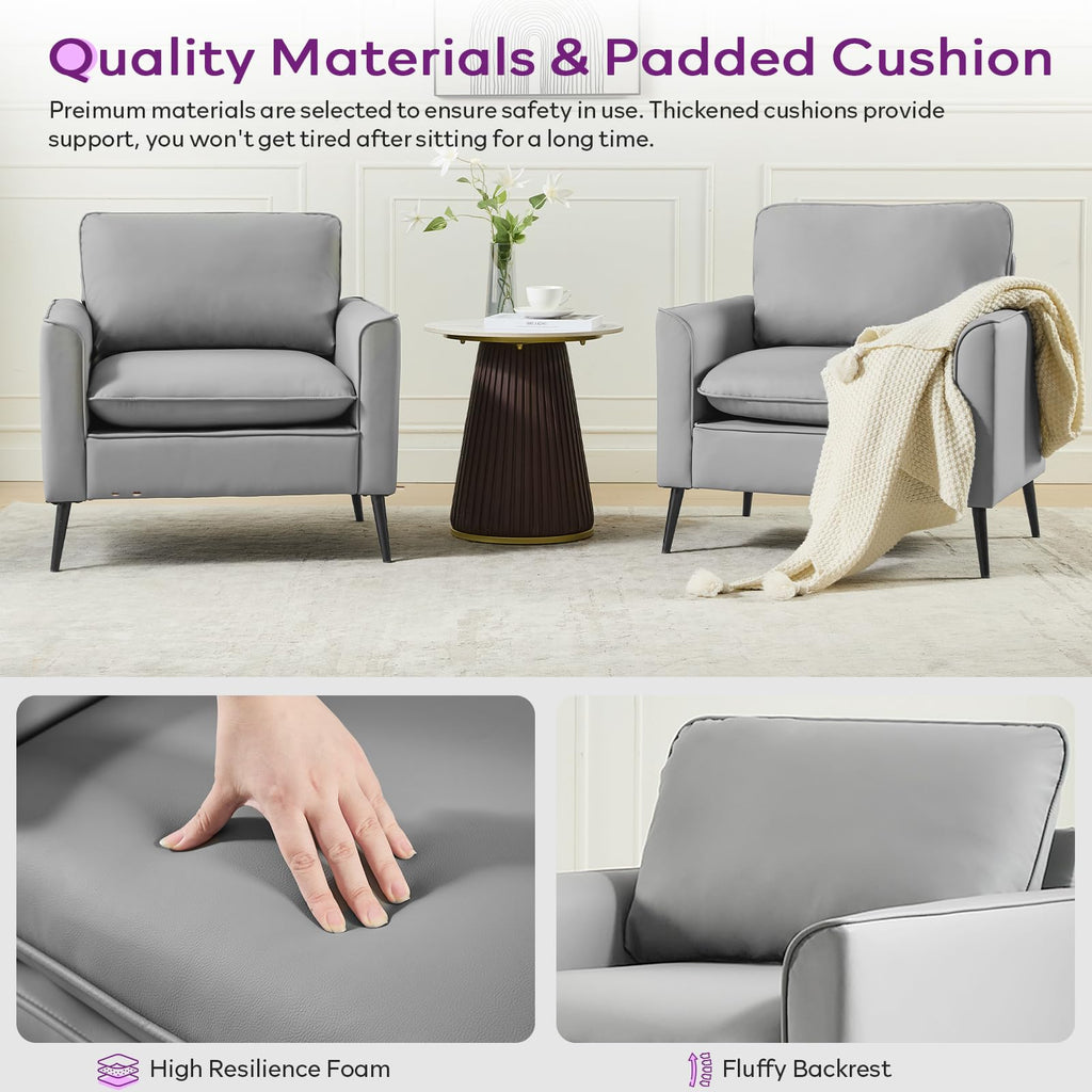 Accent Chairs Set of 2, Faux Leather Chairs, Mid Century Modern Comfy Living Room Chairs, Cozy Office Reading Chair, Reception Armchairs for Office, Bedroom, Waiting Room (Grey) (2)