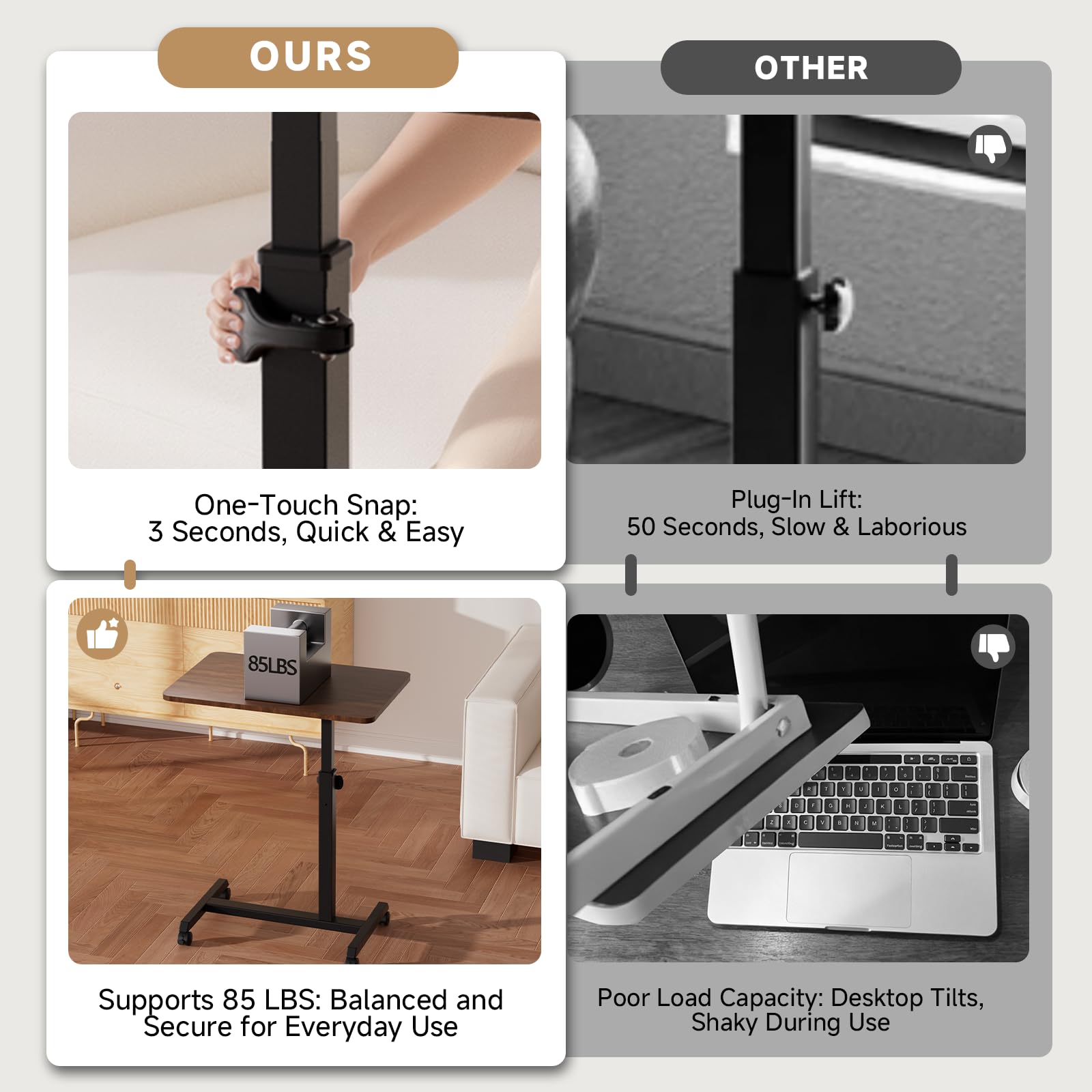 Small Standing Desk, 24 Inches Foldable Mobile Rolling Laptop PC Table with Lockable Casters, Adjustable Height Overbed Bedside Table Computer Workstation for Home Office, Walnut-Foldable
