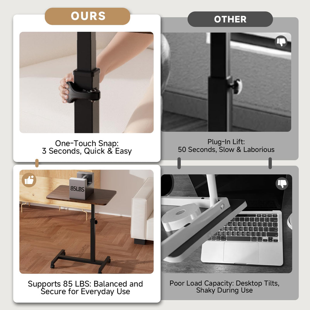 Small Standing Desk, 24 Inches Foldable Mobile Rolling Laptop PC Table with Lockable Casters, Adjustable Height Overbed Bedside Table Computer Workstation for Home Office, Dark Brown-Foldable