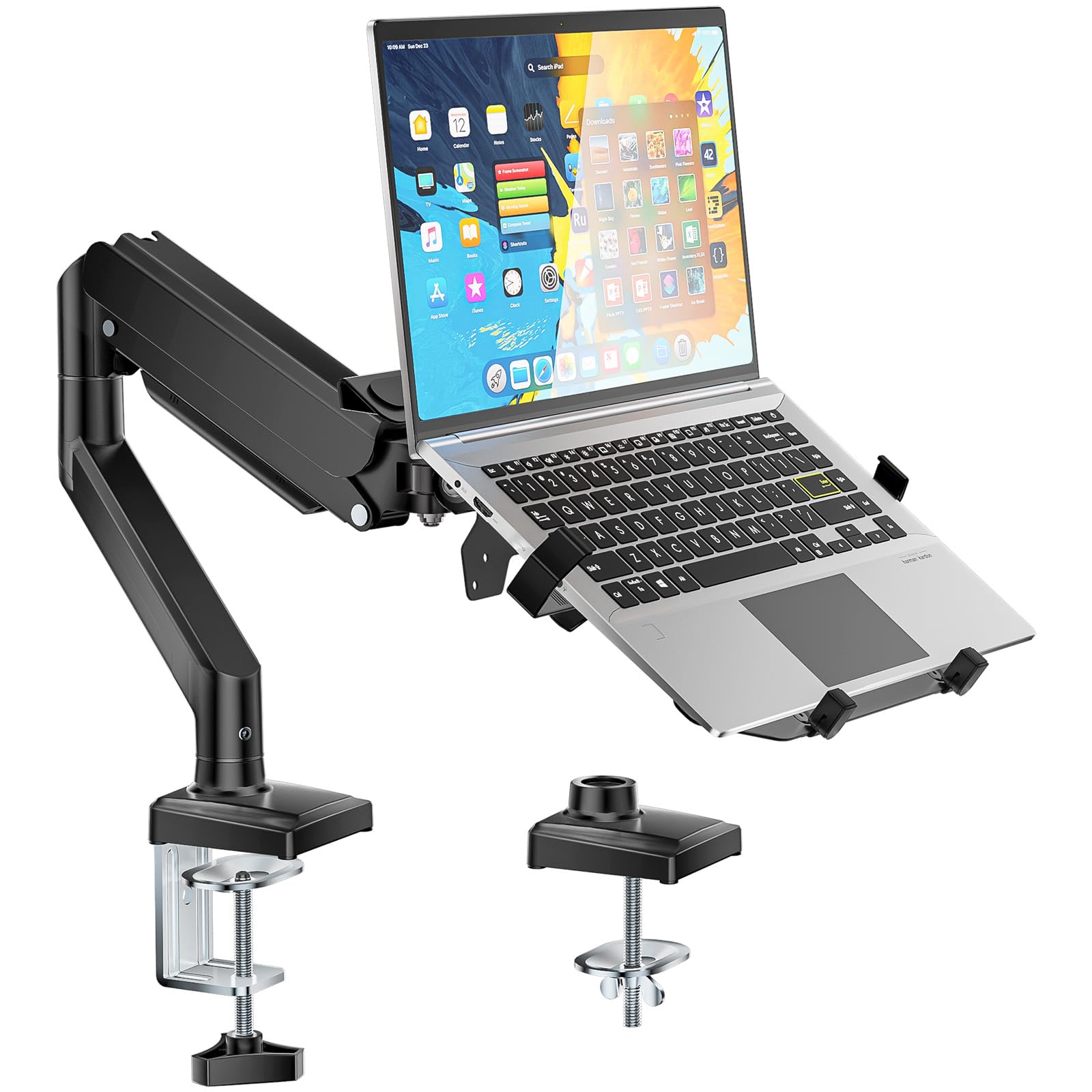 Single Arm Laptop and Monitor Desk Mount for 17" Notebook and Up to 32" Screen, 2-in-1 Adjustable Monitor Arm with Laptop Tray, VESA 75x75 100x100,Holds 22-26.4 lbs, Black