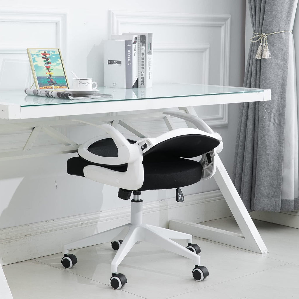 Foldable Office Chair - Home Office Desk Chairs with Wheels and Flip-Up Arms - Ergonomic Backrest Mesh Computer Chair Adjustable Swivel Rolling Home Executive (White)