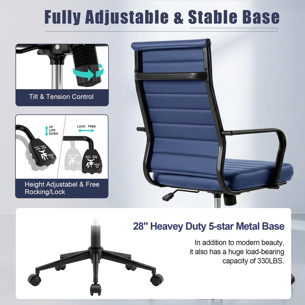 Blue Leather Office Desk Chair, Conference Room Chairs Executive Chair Ribbed, Ergonomic Height Adjustable Swivel Rolling Chair for Home Office.