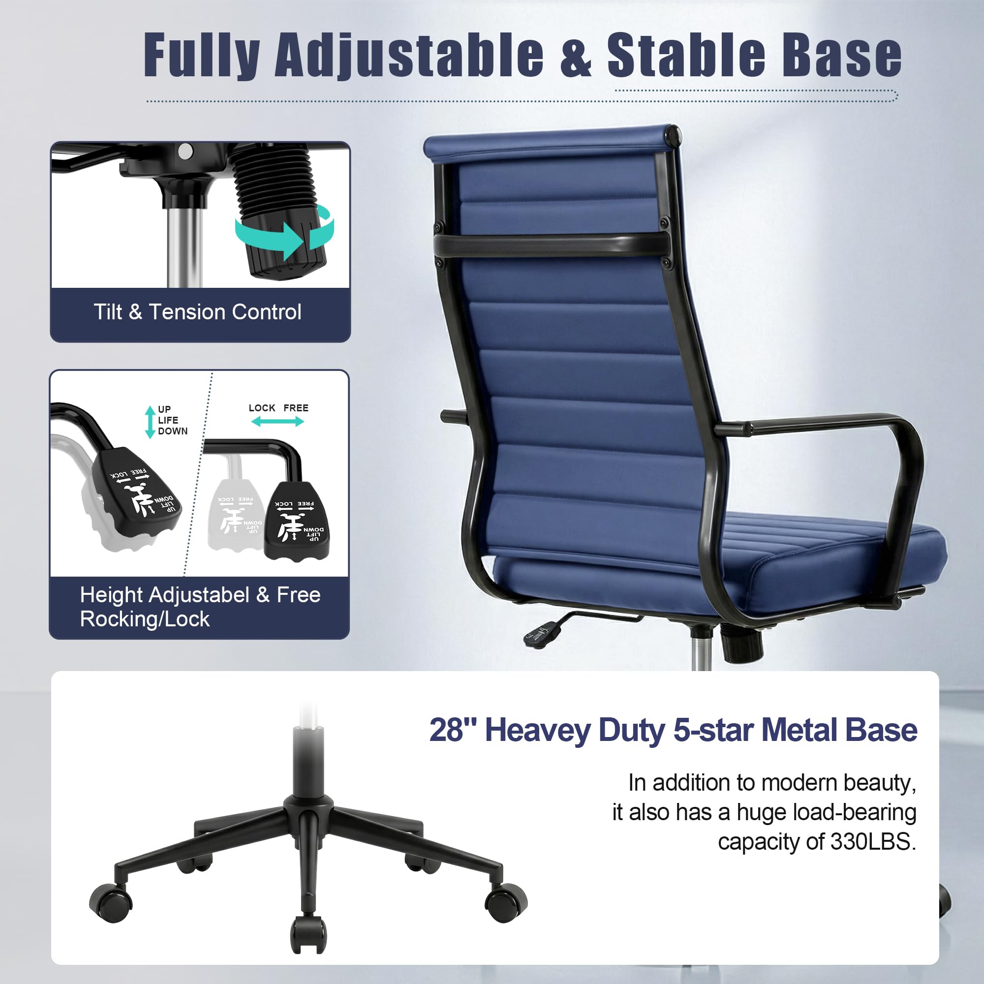 Blue Leather Office Desk Chair, Conference Room Chairs Executive Chair Ribbed, Ergonomic Height Adjustable Swivel Rolling Chair for Home Office.