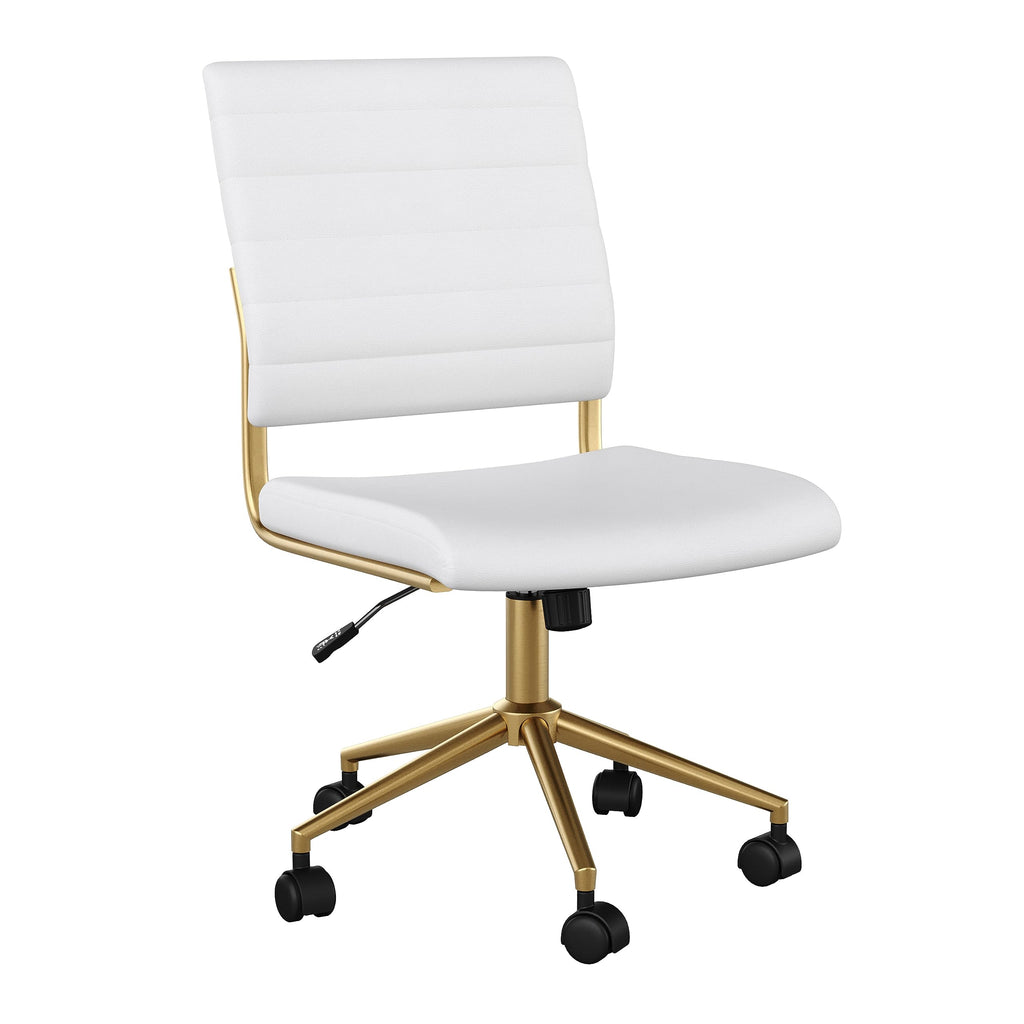 Armless Swivel Task Chair for Home Office in White Faux Leather with Polished Brass Frame