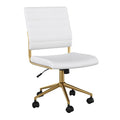 Armless Swivel Task Chair for Home Office in White Faux Leather with Polished Brass Frame