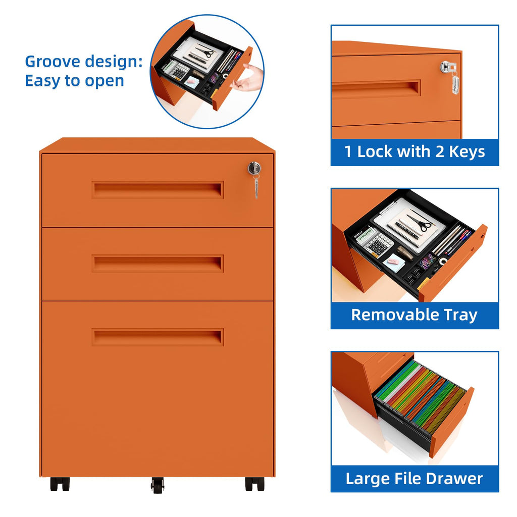 3 Drawer Metal Rolling File Cabinet Under Desk Filing Cabinet Orange