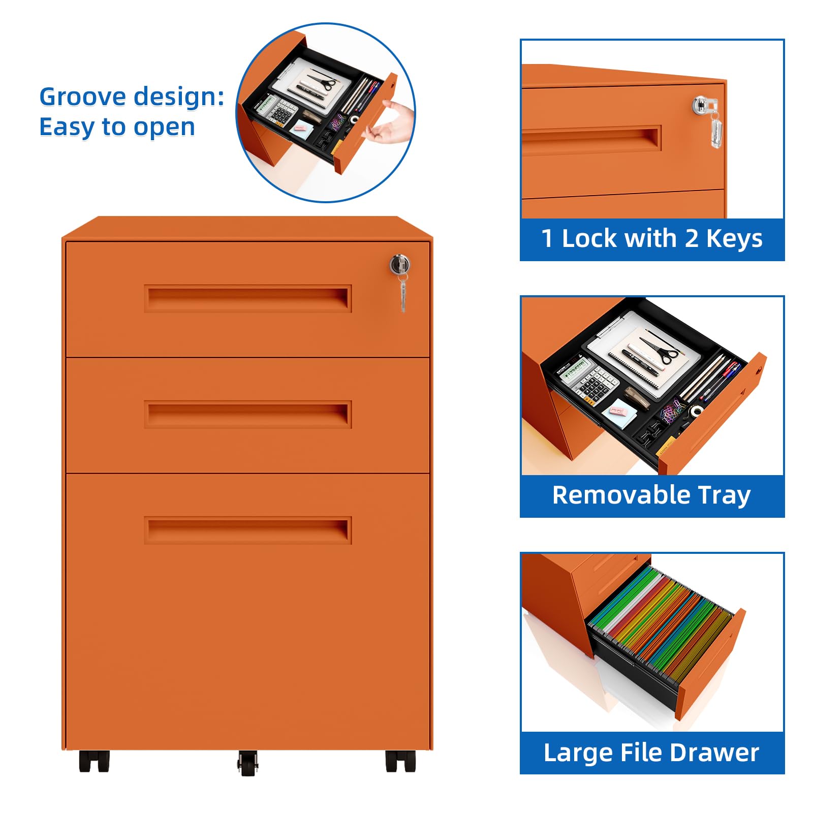 3 Drawer Metal Rolling File Cabinet Under Desk Filing Cabinet Orange