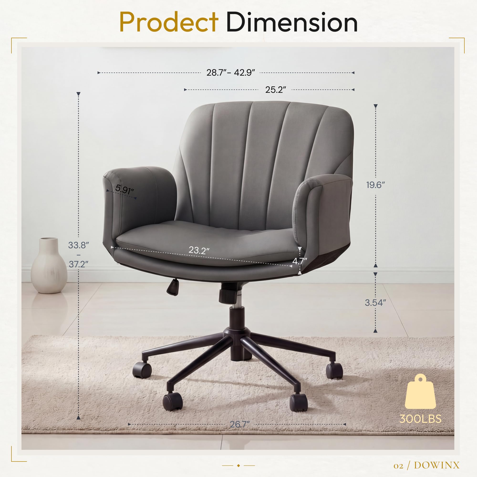 Criss Cross Chair with Five-Level Adjustable Arms and Wheels - Comfortable Ergonomic PU Leather Swivel Vanity Chair - Computer Makeup Gaming Chair for Home Office, Bedroom, Vanity Room (Grey)