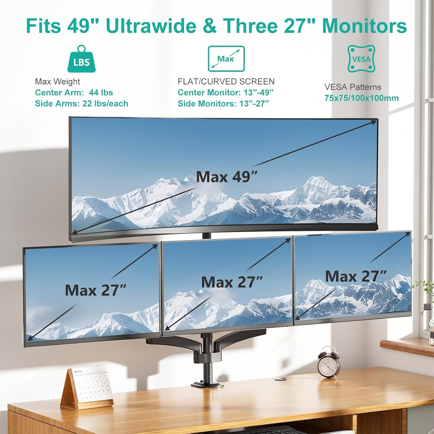 4 Monitor Mount for 13-49 inch Ultrawides on Top Bracket and 27 inch Screens on Lower Brackets, Heavy Duty Arm Extra Tall Quad Monitor Stand, up to 44 lbs (GSDM004S-P), Black