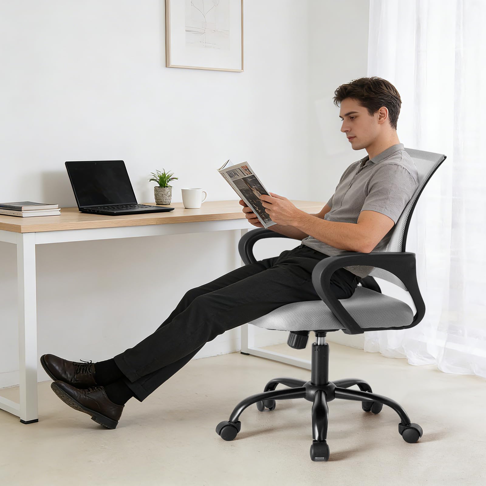 Office Desk Chair - Ergonomic Mid Back with Lumbar Support & Rocking Mode, Height Adjustable with Fixed Armrest, Storage Back for Computer, Gaming, Conference, Meeting Room, 360° Swivel, Grey