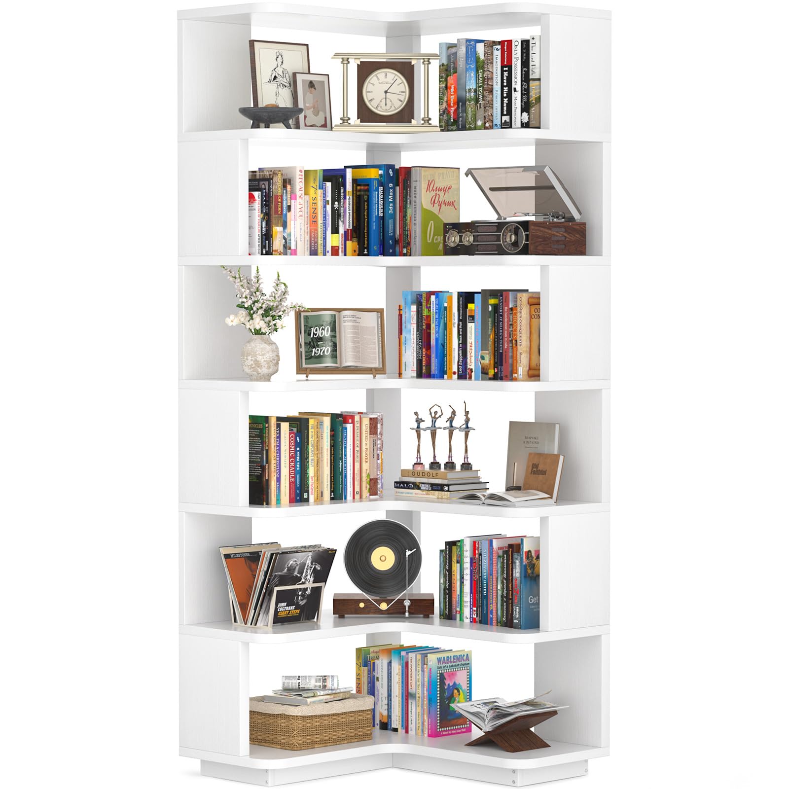 Corner Book Shelf, 7-Shelf L Shaped Corner Bookshelf with Baffle