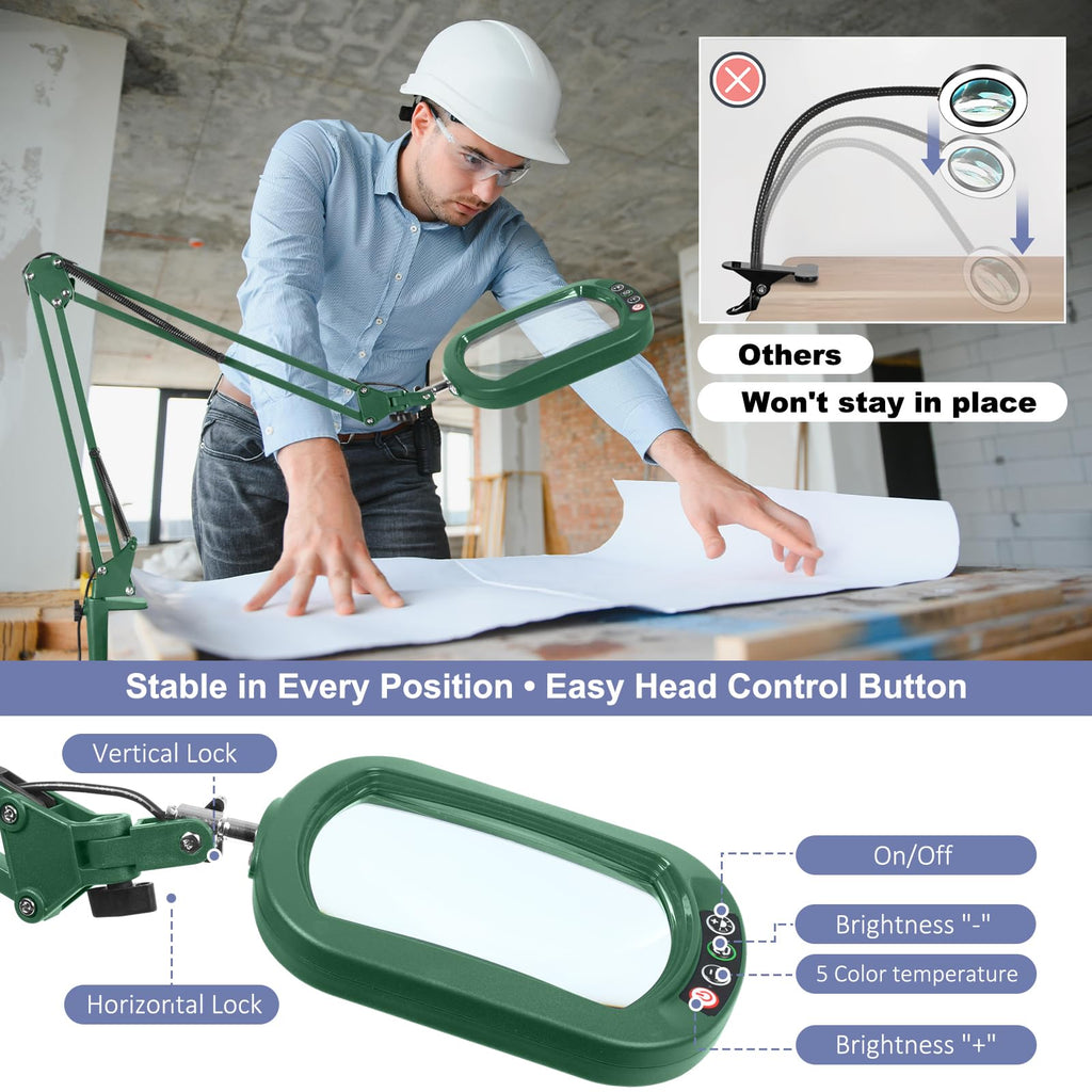 14.35" Large Magnifying Glass with Light and Clamp, Real Glass, 5 Color Modes, Stepless Dimmable, Lighted Magnifier with Stand Hands Free, LED Swing Arm Desk Lamp for Close Work, Craft, Green