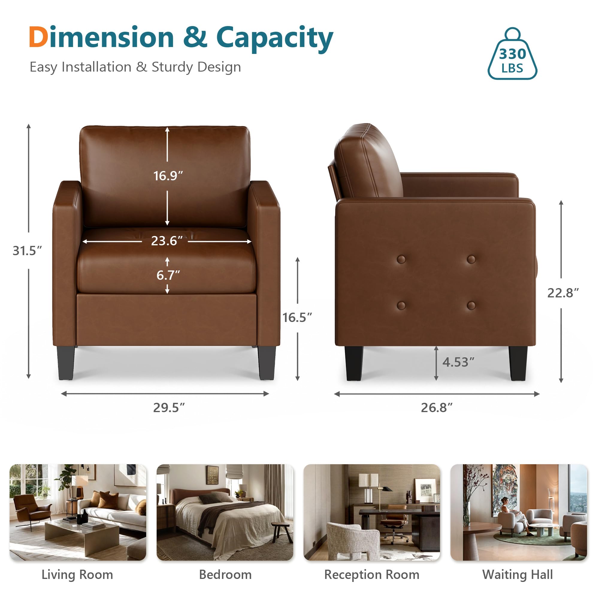 Accent Chair, Brown Leather Chair, Mid-Century Modern Living Room Chairs, Cozy Office Reading Chair with Tufted Seat and Armrest, Reception Armchairs for Bedroom, Waiting Room