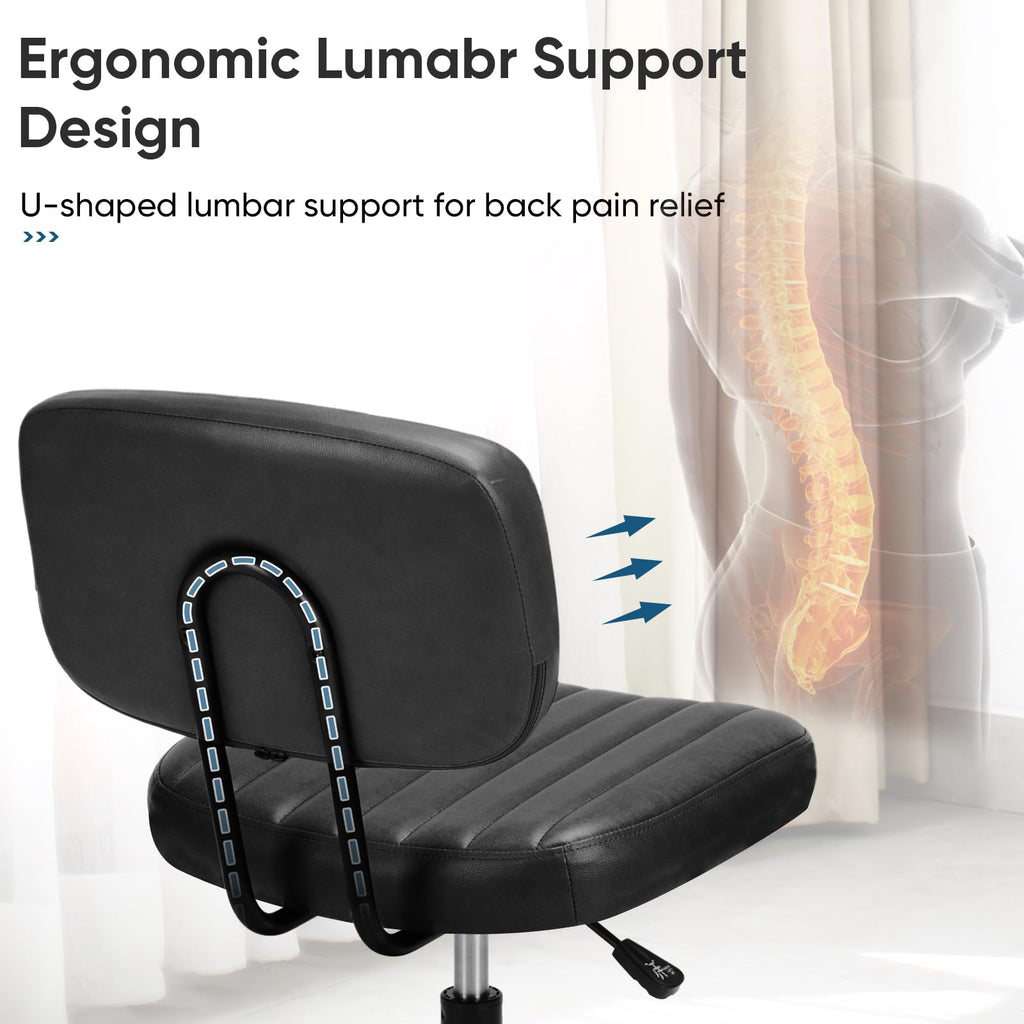 Small Armless Desk Chair with Low Back Lumbar Support, Height Adjustable PU Leather Computer Task Chair with 360° Swivel Wheels, for Small Space, Adults, New Black