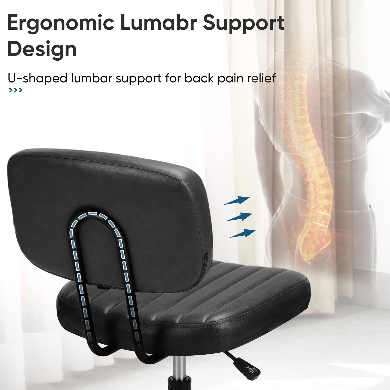 Small Armless Desk Chair with Low Back Lumbar Support, Height Adjustable PU Leather Computer Task Chair with 360° Swivel Wheels, for Small Space, Adults, New Black