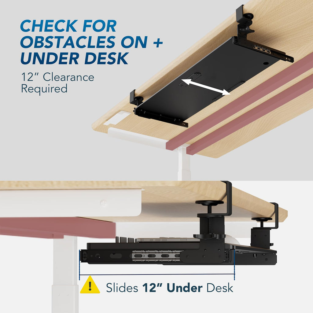 Keyboard Tray Under Desk Pull Out with Extra Sturdy Adjustable C Clamp Mount System, 27.3 (32.5 inch Including Clamps) x 11 Inch Slide-Out Platform Computer Drawer for Typing, Black,
