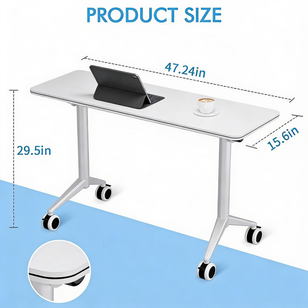 10 Pack Flip Top Training Table with Lockable Wheels, Mobile Nesting Folding Conference Table, Space Saving Seminar Desk for Classroom, Office, Library (White, 47"×16"×30")