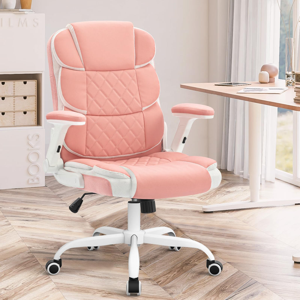 Pink Office Chair Ergonomic Desk Chair with Lumbar Support, Flip-Up Arms, Adjustable Swivel Computer Chair with Wheels, Comfortable PU Leather Cute Office Chair for Home Office Small Space
