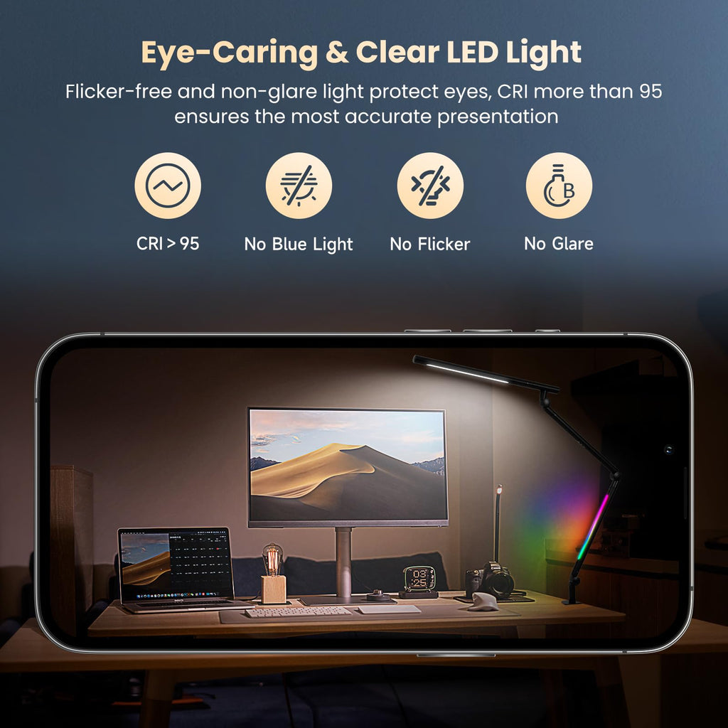 LED Desk Lamp with Clamp, 18W Dual Light Architect Desk Light, Adjustable Swing Arm RGB Light Sensor Switch, Eye-Caring 4 Modes Stepless Dimming Table Lamp for Home Office Reading Study Gaming