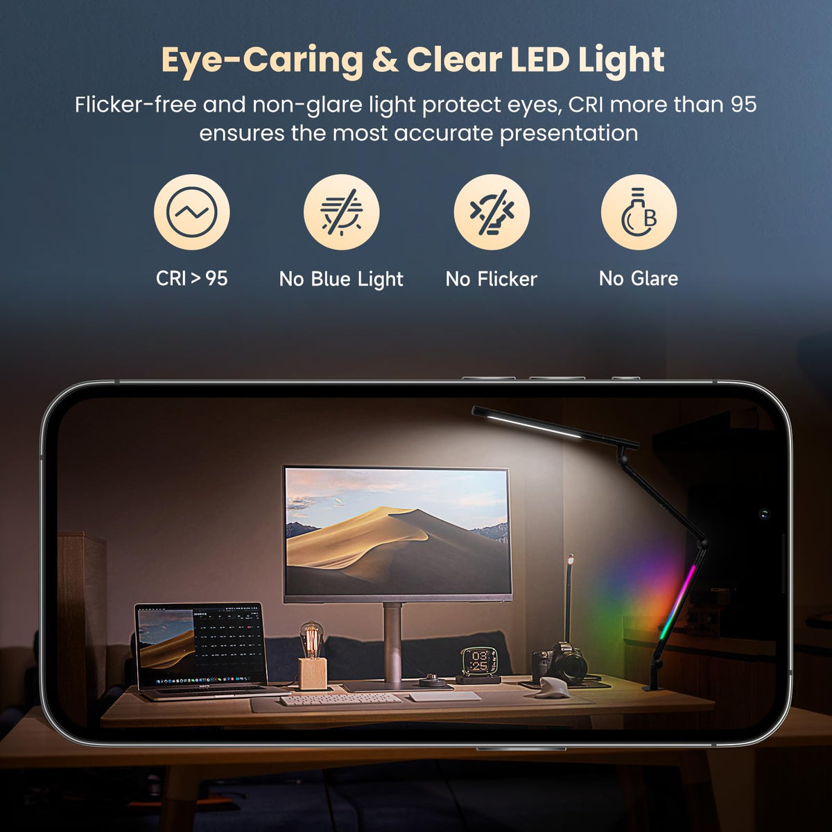 LED Desk Lamp with Clamp, 18W Dual Light Architect Desk Light, Adjustable Swing Arm RGB Light Sensor Switch, Eye-Caring 4 Modes Stepless Dimming Table Lamp for Home Office Reading Study Gaming