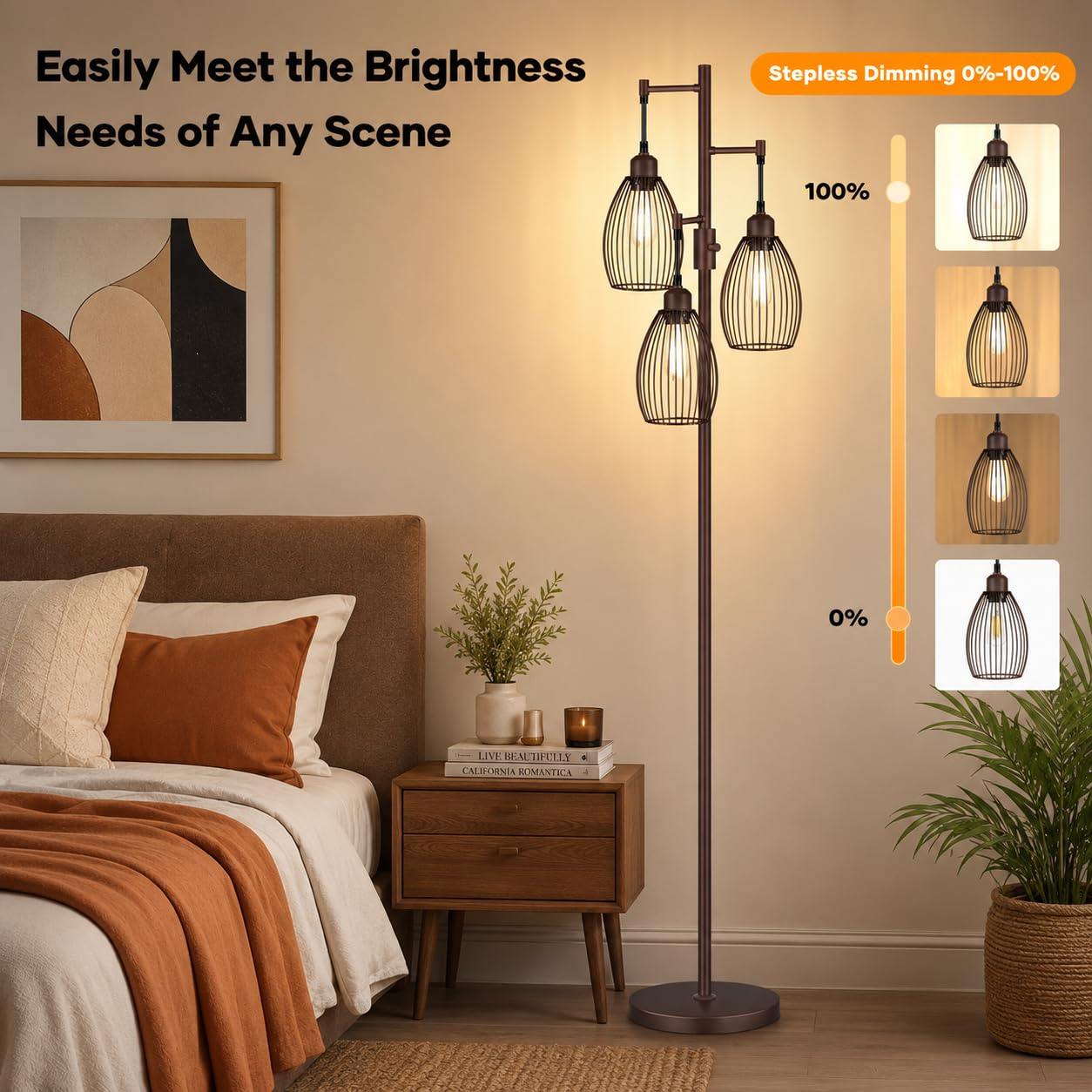 Floor Lamp,3x800LM LED Bulbs Included, Farmhouse Industrial Floor Lamp Standing Tree Lamp with Teardrop Cage Head Tall Lamp for Living Room Bedroom Office Dining Room - Matte Brown