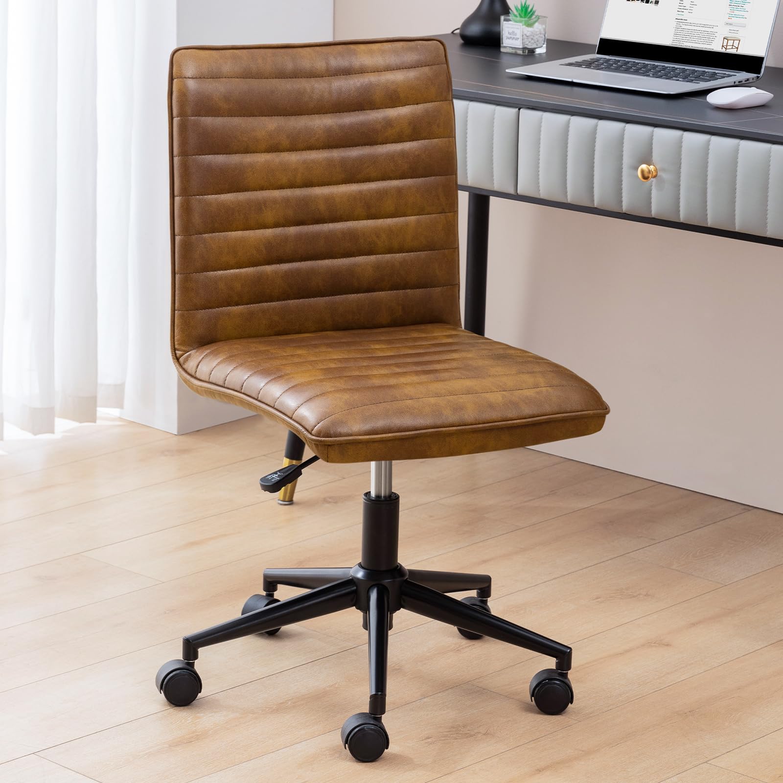 Leather Office Chair with Wheels Armless Vanity Desk Chair 360° Swivel Computer Rolling Chair with Mid Back, Height Adjustable Accent Chairs with Gold Metal Base Stool, PU YellowBrown