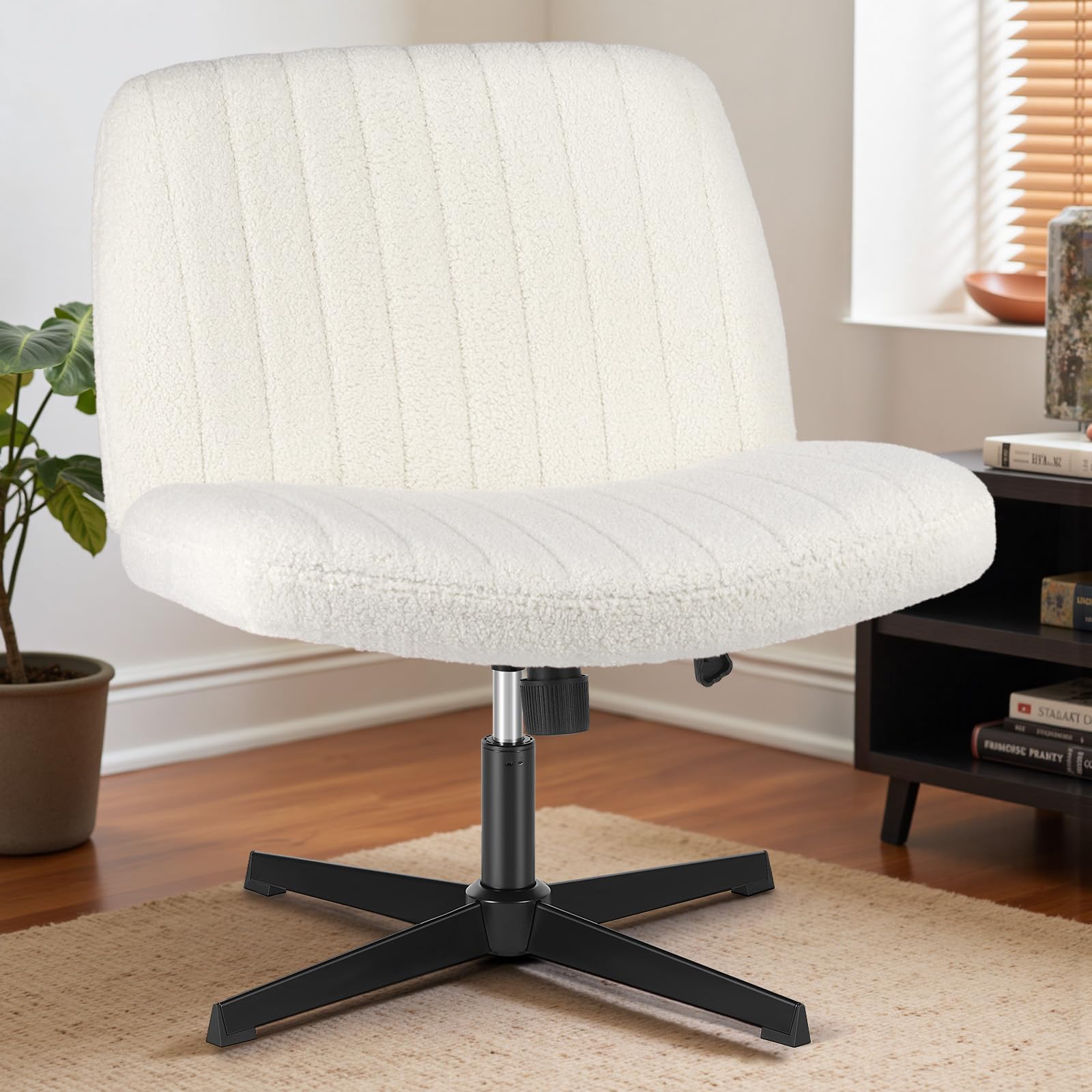 Criss Cross Chairs Legged Armless No Wheels Wide Seat Height Adjustable Swivel Rolling Padded Furry Cute Home Office Desk Seating for Bedroom, Student, Study Room