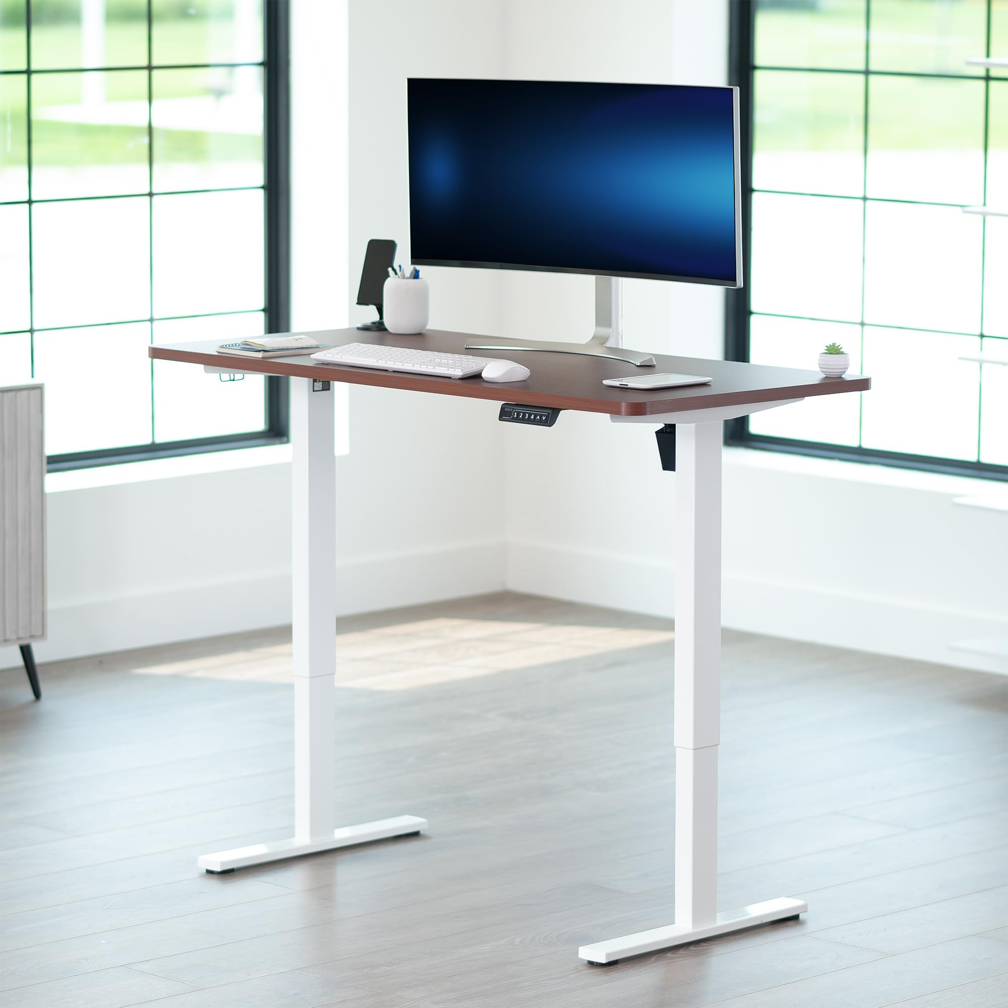 Electric 55 x 28 in Standing Desk, Memory Height Adjustment, 1B Series, Holds 220 lbs, One-Piece Dark Walnut Top, White Frame
