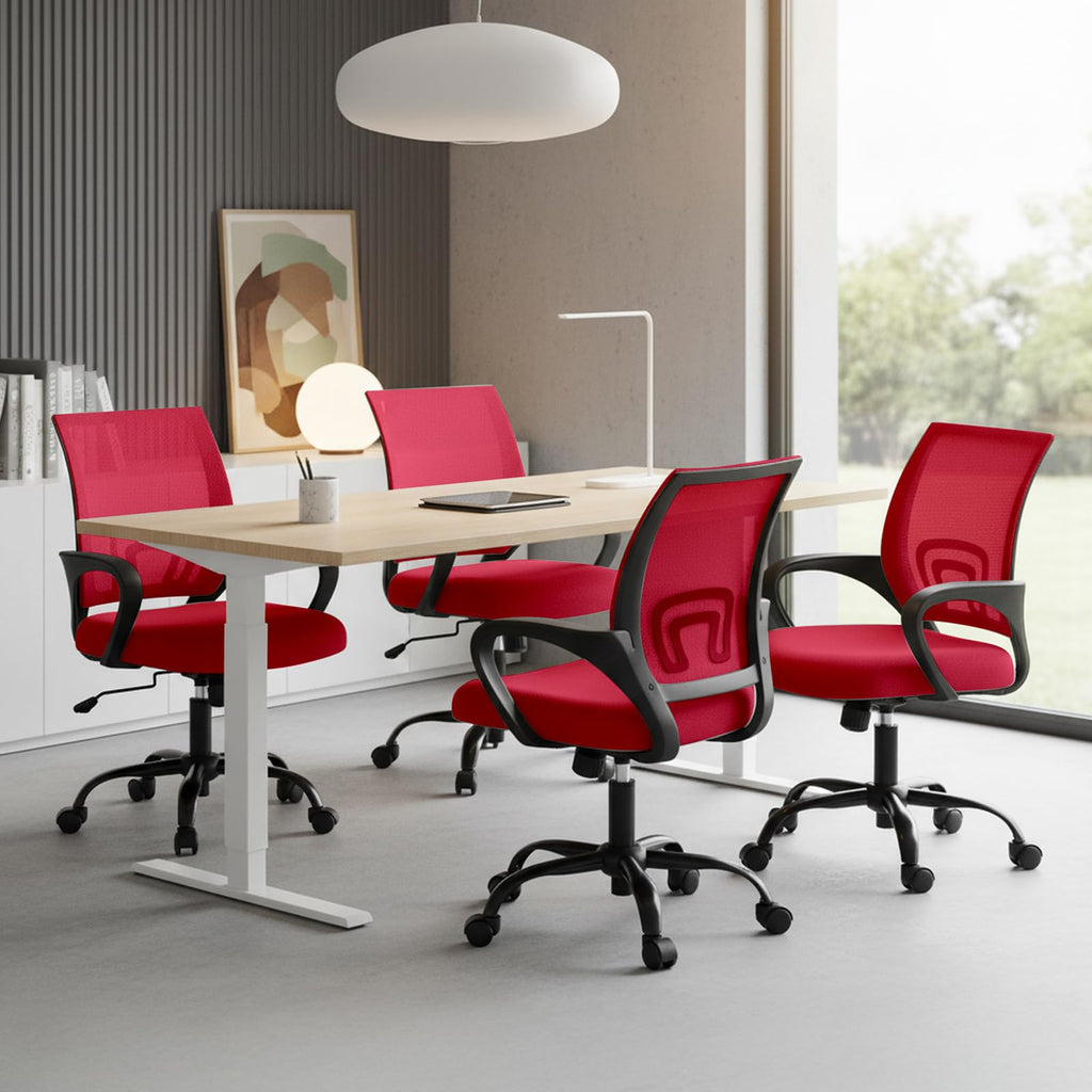 Office Desk Chair - Ergonomic Mid Back with Lumbar Support & Rocking Mode, Height Adjustable with Fixed Armrest, Storage Back for Computer, Gaming, Conference, Meeting Room, 360° Swivel, Red