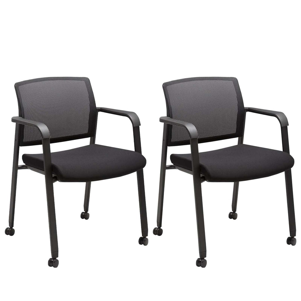 Black Waiting Room Chair with Wheels Mesh Back Stacking Arm Chairs with Upholstered Fabric Seat and Ergonomic Lumbar Support for Office School Church Guest Reception