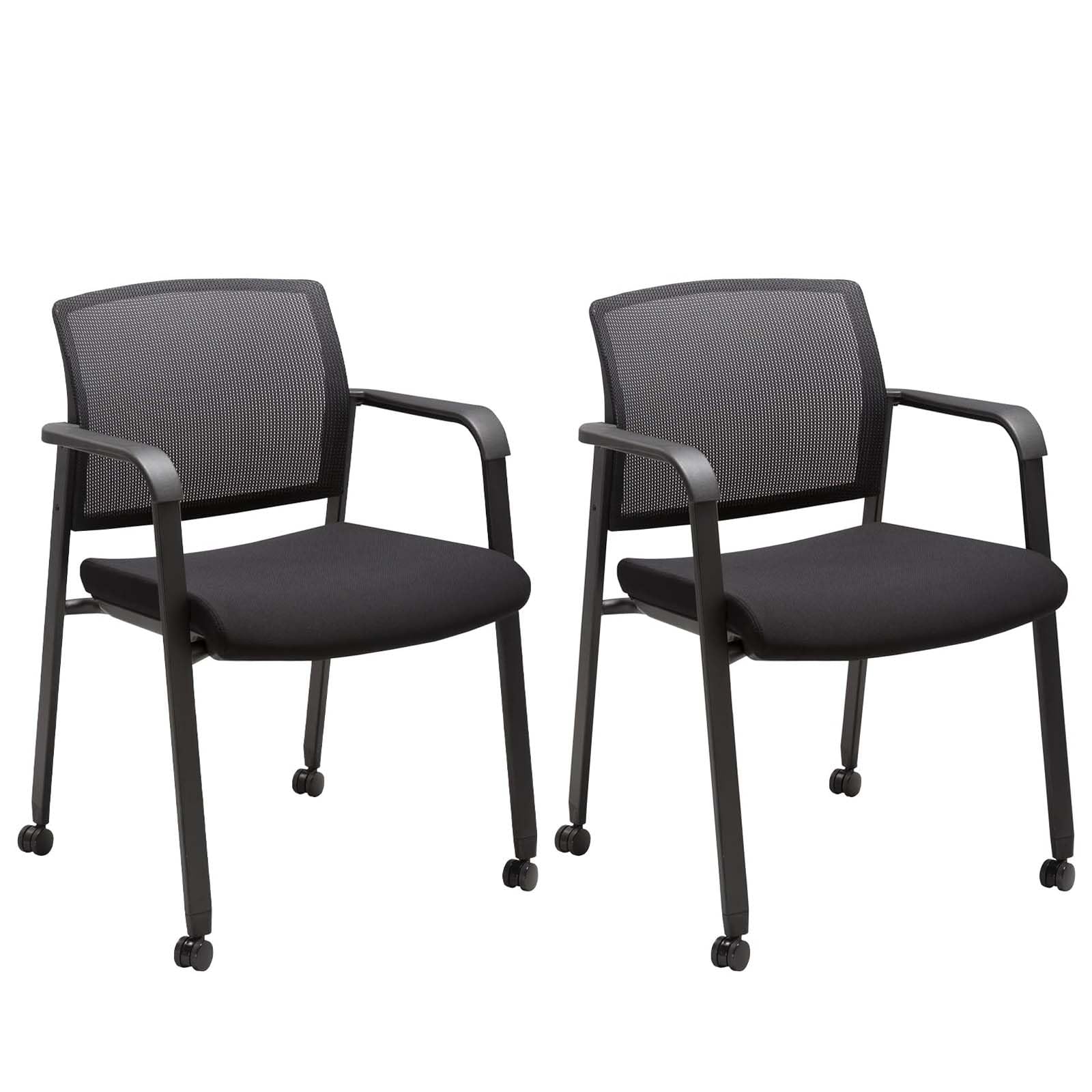 Black Waiting Room Chair with Wheels Mesh Back Stacking Arm Chairs with Upholstered Fabric Seat and Ergonomic Lumbar Support for Office School Church Guest Reception