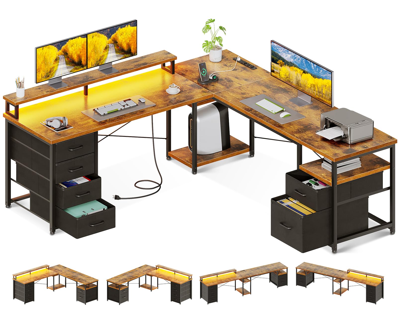 66" L Shaped Computer Desk, 113“ Reversible Home Office Desk with File Cabinet & 4 Fabric Drawers, Two Person Desk with LED Lights & Power Outlet, Corner Gaming Desk with Monitor Shelf, Vintage