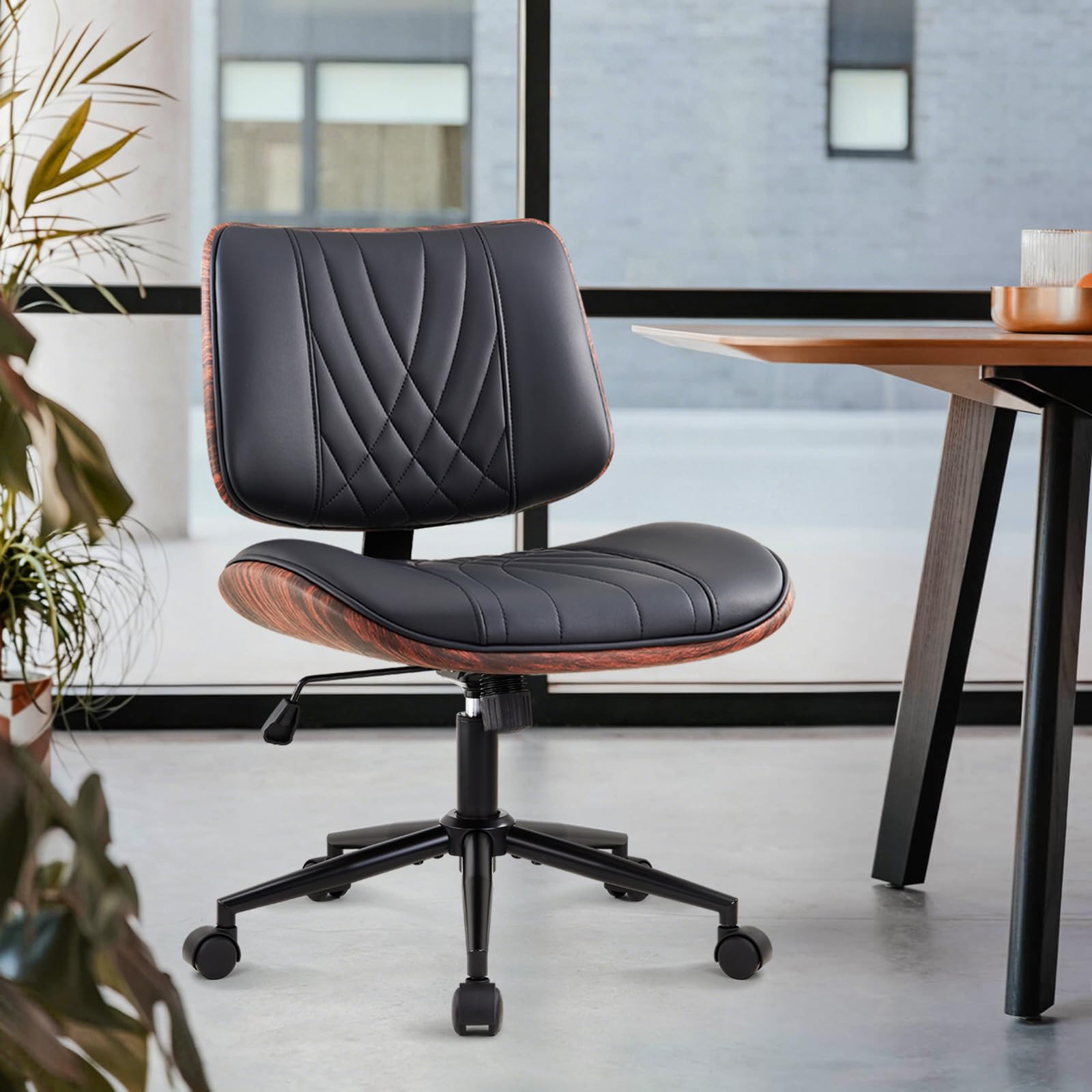 Office Chair Swivel Desk Chair with Wheel Small Computer Chair Armless Task Chair Modern Walnut PU Leather Backrest Rocking Function Adjustable Height, Study Reading Meeting Room (Black)