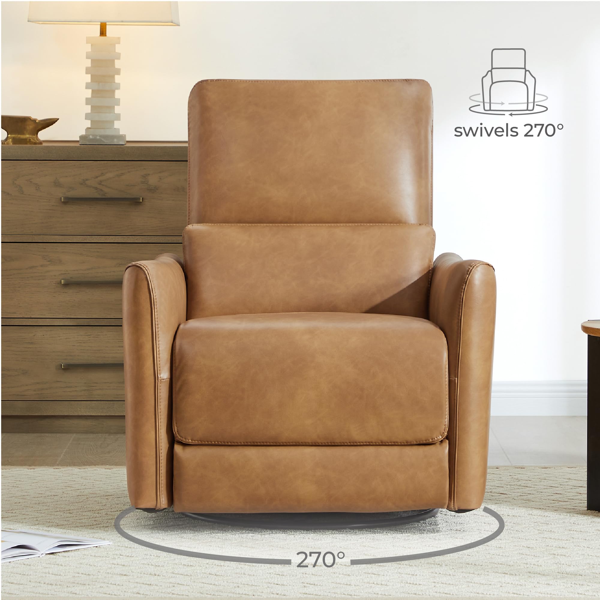 Power Recliner Chair Swivel Glider, FSC Certified Upholstered Faux Leather Living Room Nursery Reclining Sofa Chair with Lumbar Support, Cognac Brown