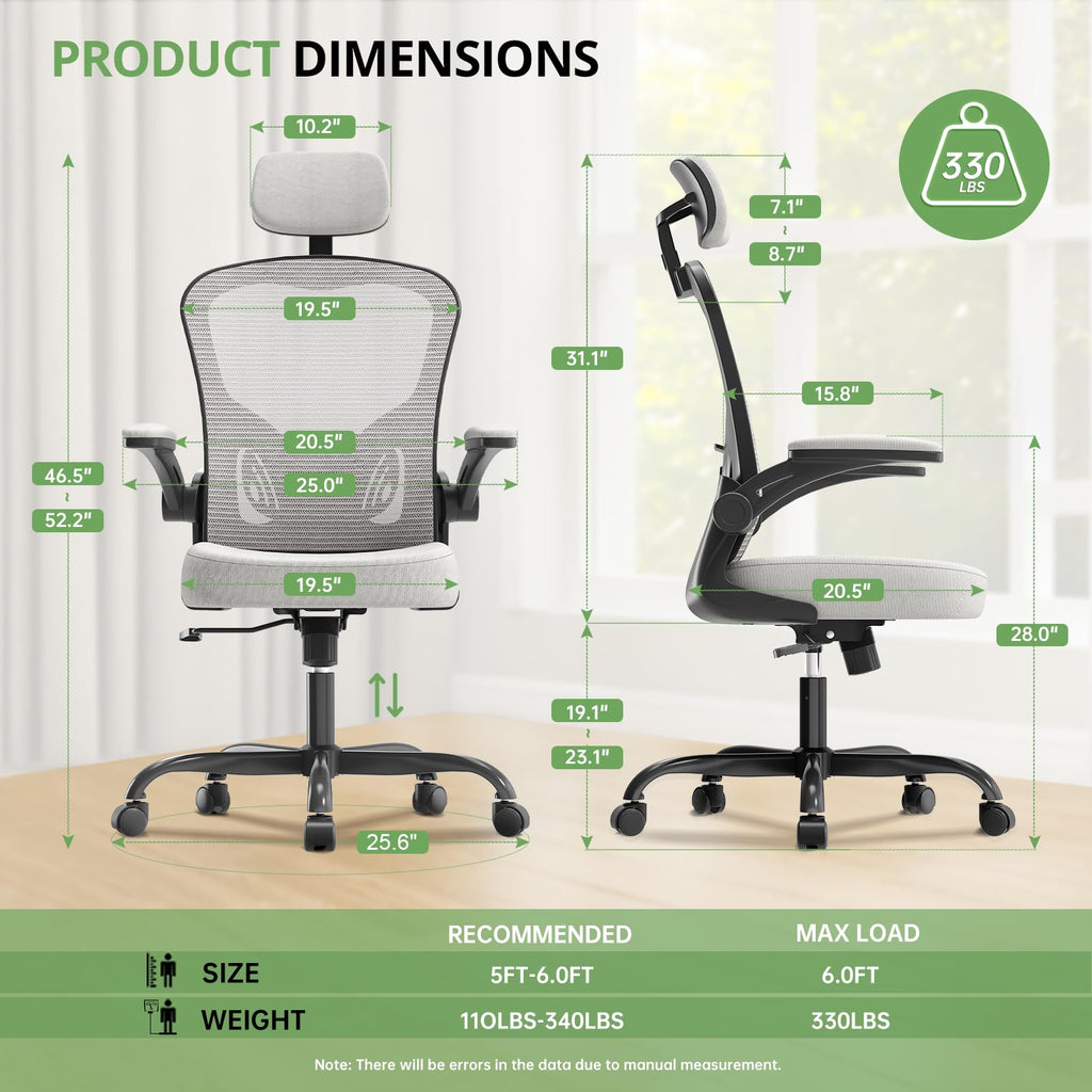 Office Chair Ergonomic Desk Chair, 330LBS Capacity, High Back Computer Design for Long Hours Comfort, Rolling Swivel Executive Task for Home Office with Flip-up Armrests, Black Grey