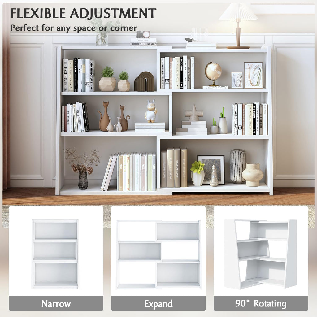 Wooden Extendable Shelf Bookcase, 3-Tier Low Bookshelf, White, L