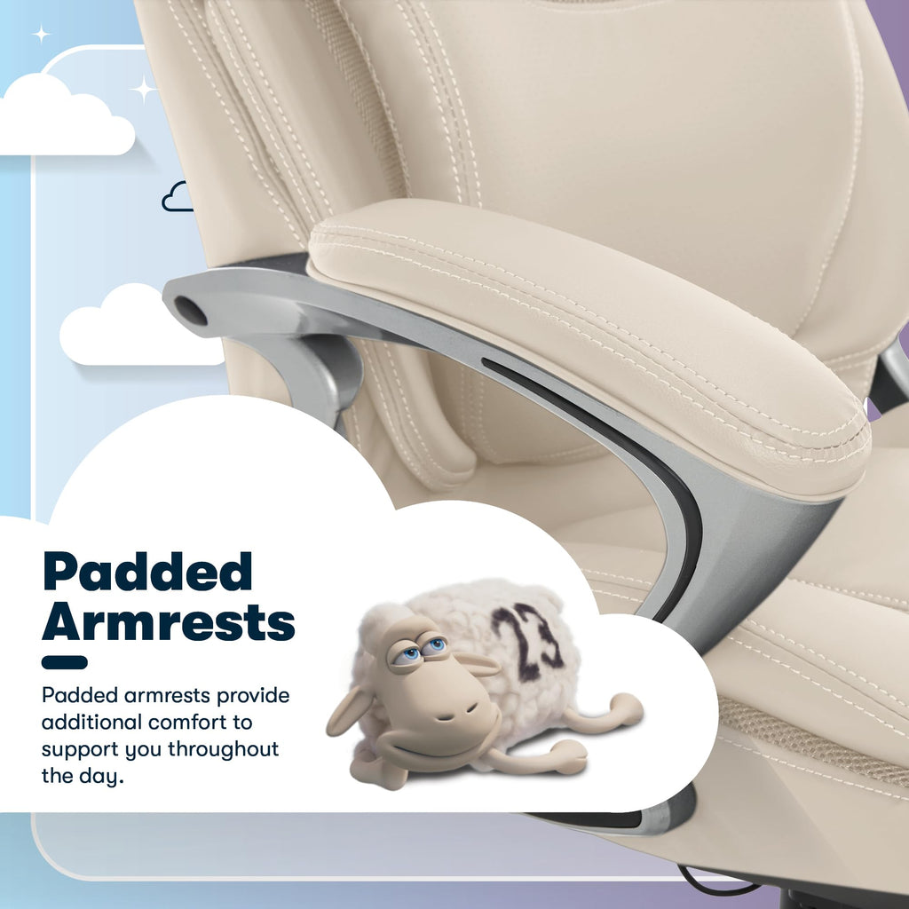 Executive Office Chair - Ergonomic Computer DeskChair with Lumbar Technology - Adjustable Height - Memory Foam Body Pillows - 360° Swivel Rolling Base - Bonded Leather - Cream