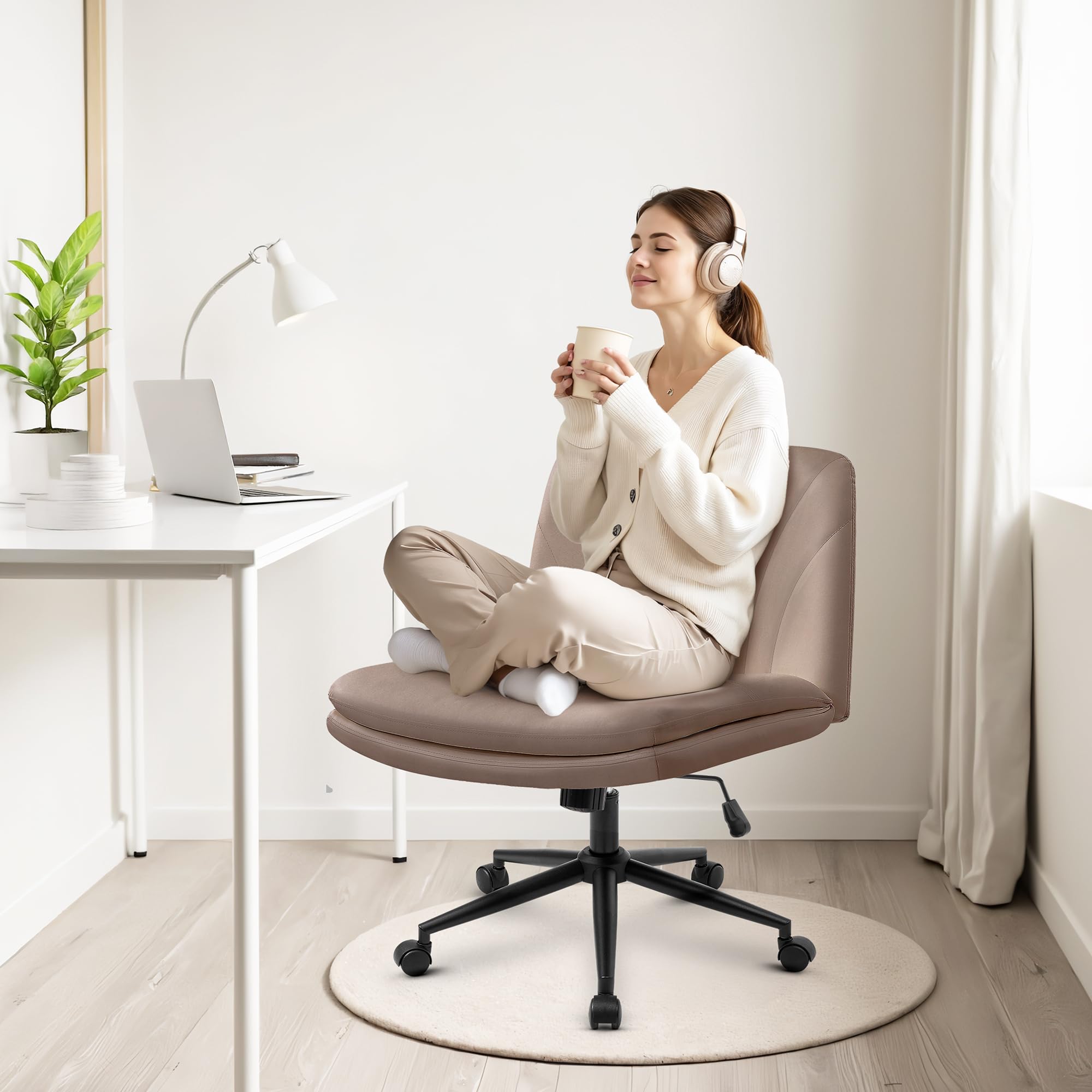 Criss Cross Chair with Wheels Comfy Wide Vanity Desk Chair Dual Base Leather Armless Adjustable Swivel for Home Computer Task (Brown Pu, Faux Leather)
