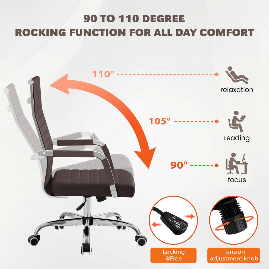 Ergonomic Office Desk Chair, Executive Ribbed Mid-Back PU Leather Conference Room Chair Adjustable Swivel Chair with Arms (1, Brown)