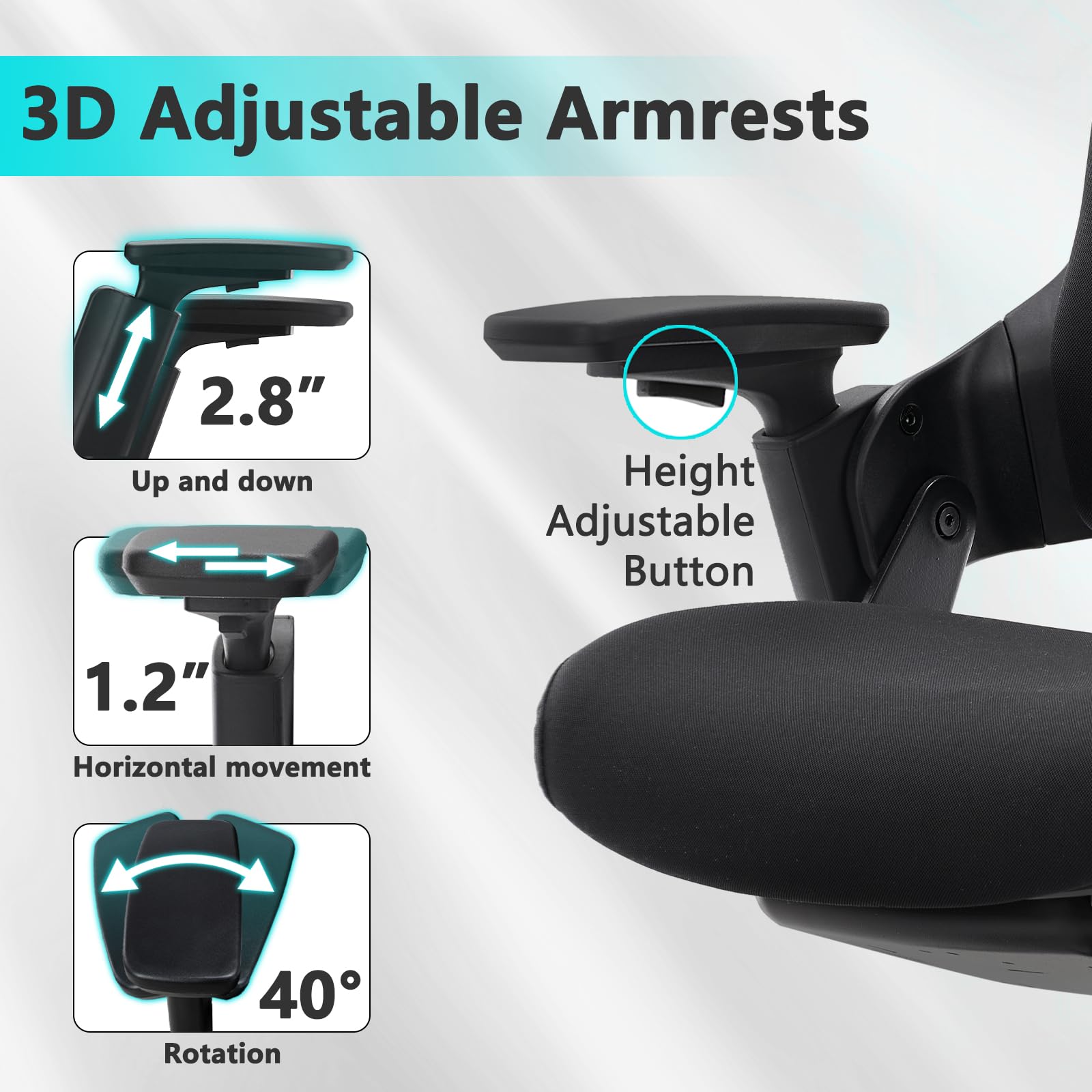 Ergonomic High Swivel Executive Chair with Adjustable Height Head 3D Arm Rest Lumbar Support and Upholstered Back for Home Office Black