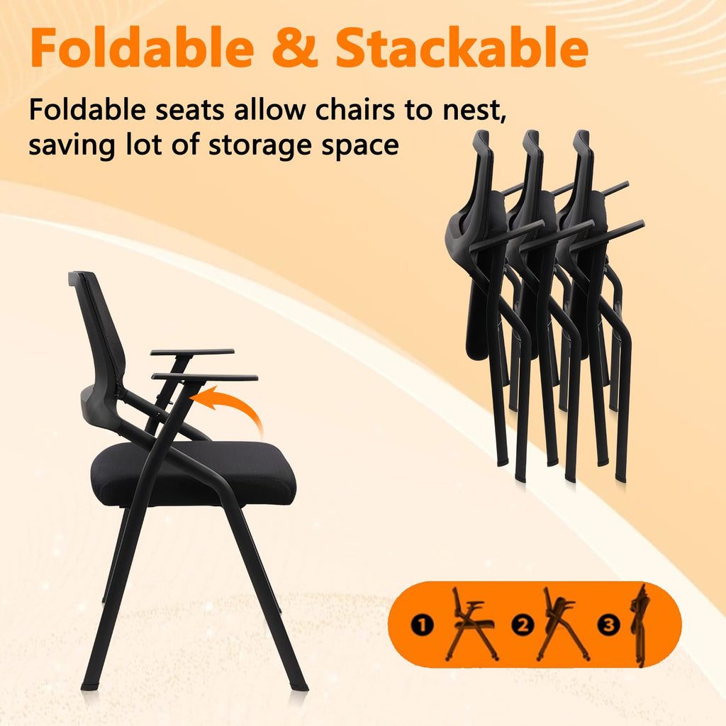 Black (4 pk) Stackable & Foldable Office Chairs with Ergonomic Lumbar Support and Thickened Seat Cushion, Folding Mesh Fabric Reception Guest Chair for School Church Conference Waiting Room