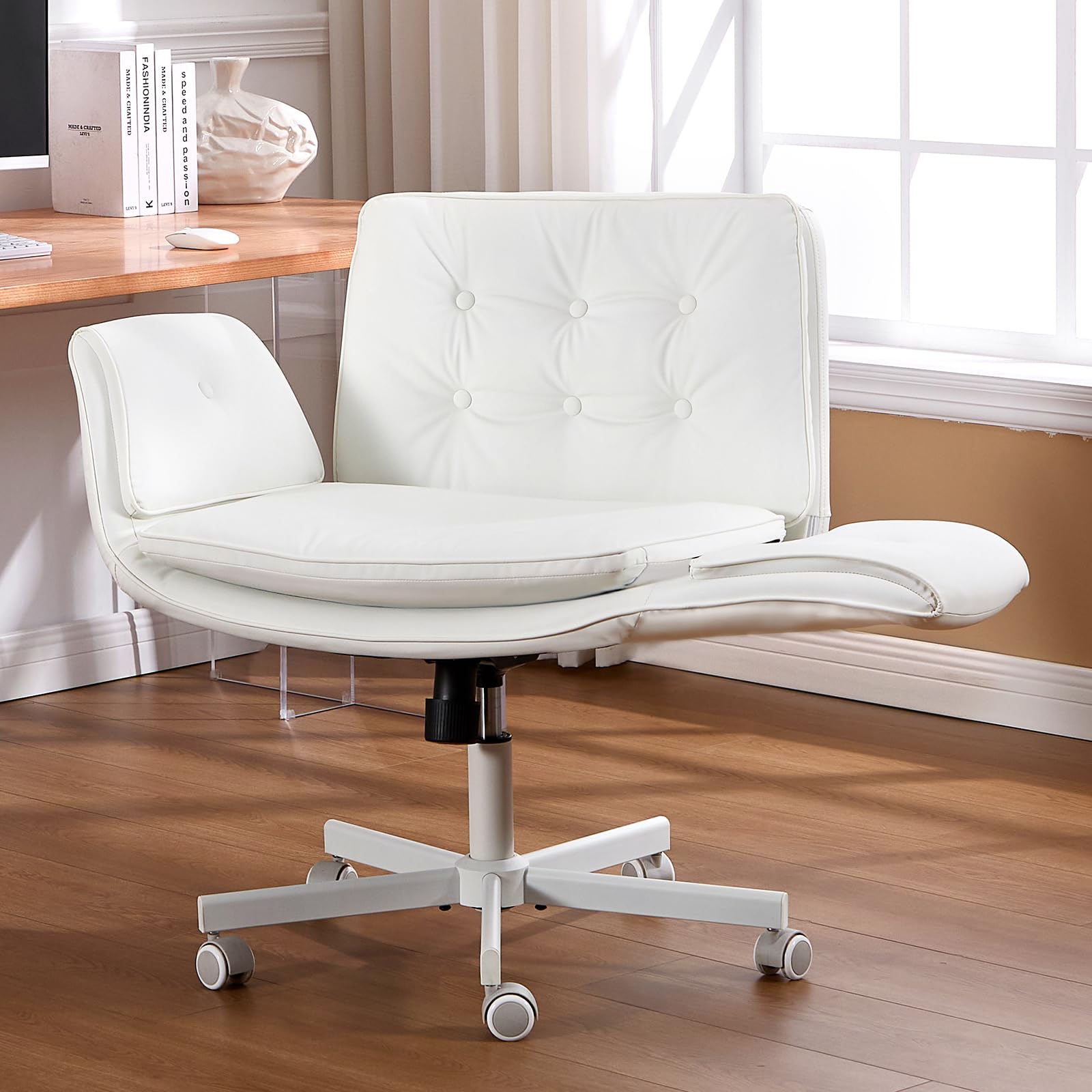 Criss Cross Office Chair, PU Leather Vanity Chair with 5-Level Adjustable Armrests & Swivel, Ergonomic Criss Cross Chair for Home Office Bedroom Makeup（White）