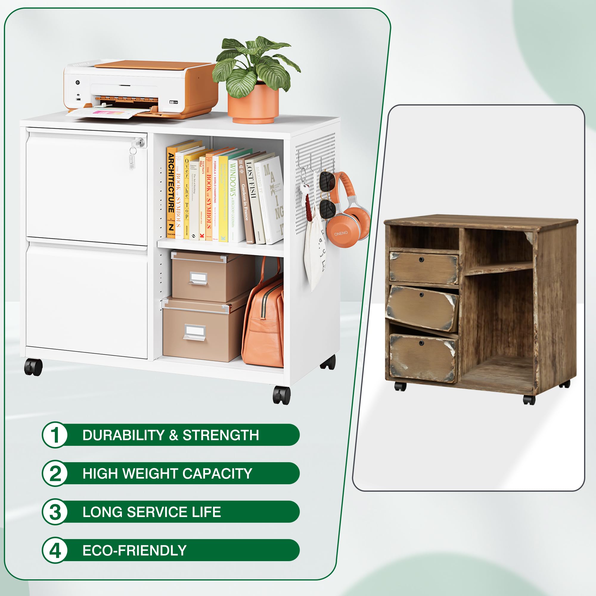 Metal 2 Drawer File Cabinet with Side Hook, Lockable Lateral Filing Cabinet for Letter/A4/Legal Size Files,Rolling Printer Stand with Adjustable Shelf & Lockable Wheelss for Home Office(White)